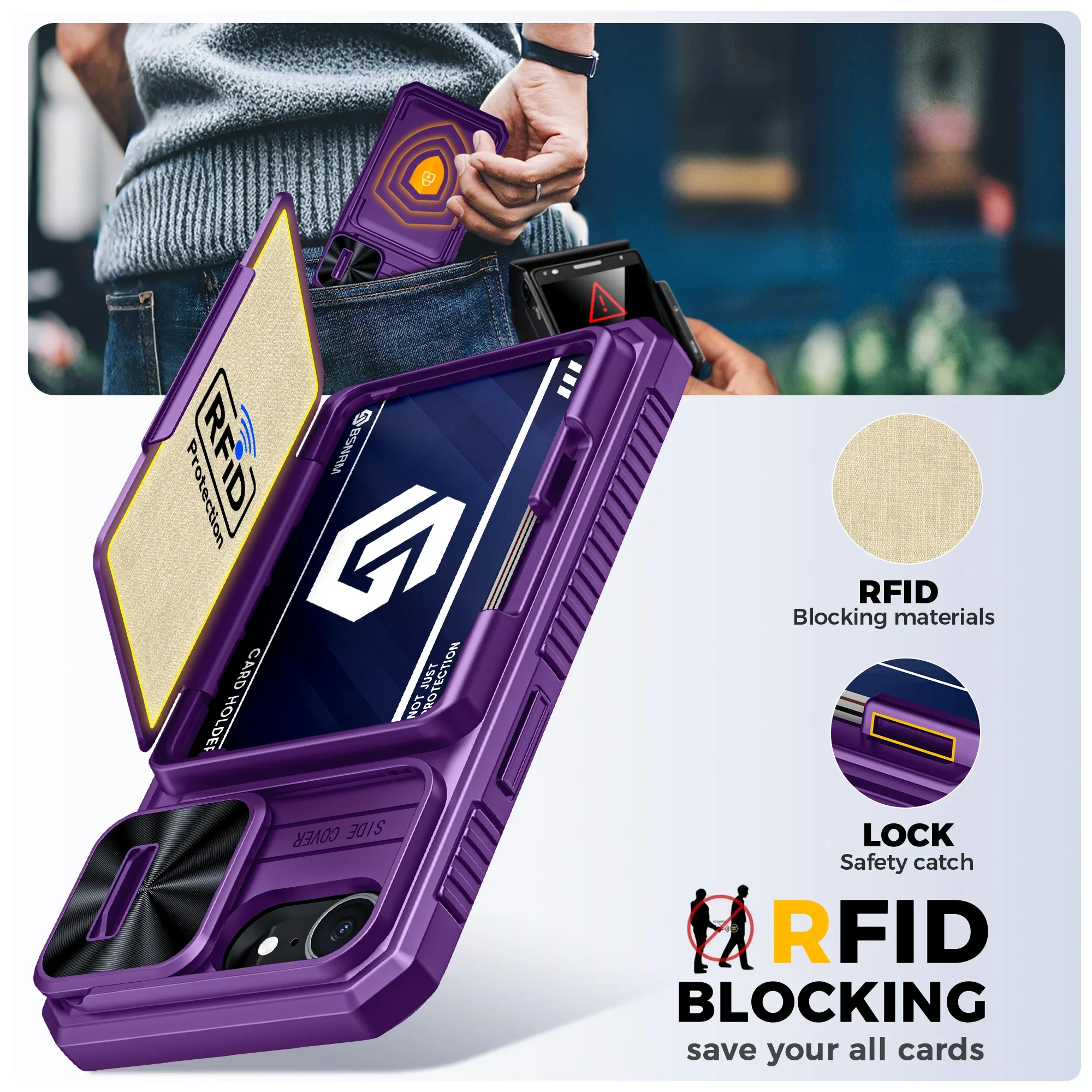 هدايا الهالوين، حامل بطاقات محفظة RFID، غطاء كاميرا، جراب هاتف واقٍ متين مقاوم للصدمات لهاتف iPhone 16 E-Purple