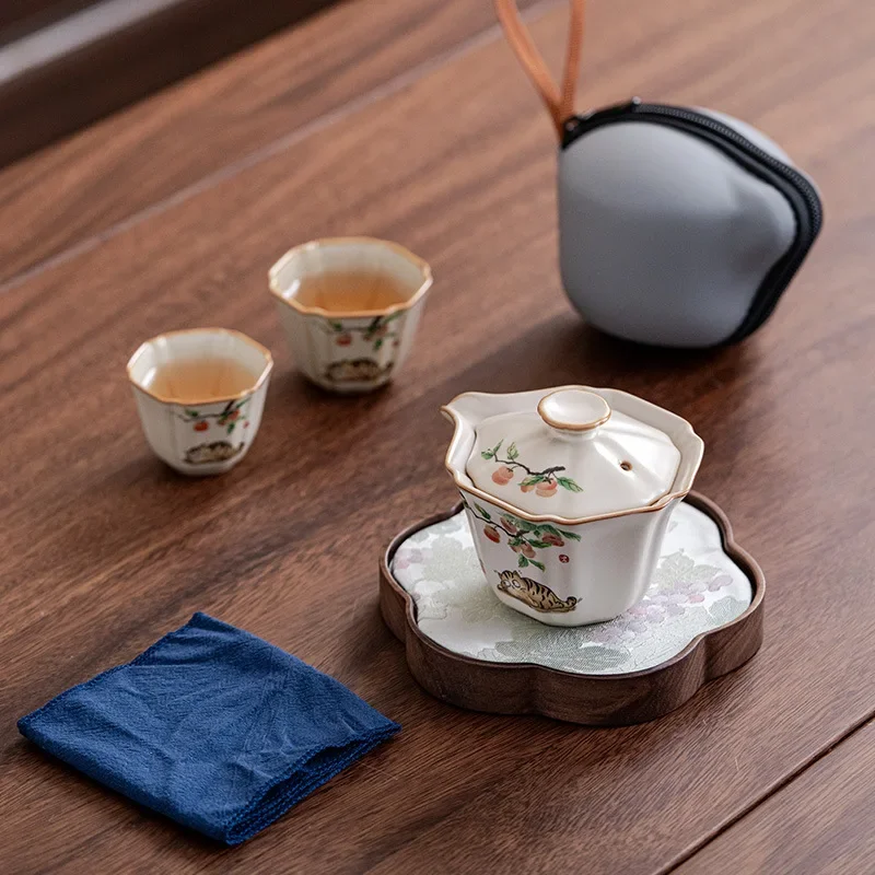 Ru Kiln Cute Cat One Pot Two Cup Travel Tea Set Kung Fu Tea Set Ceramic Quick Cup Teapot Tea Making Office Handmade Tool Gifts