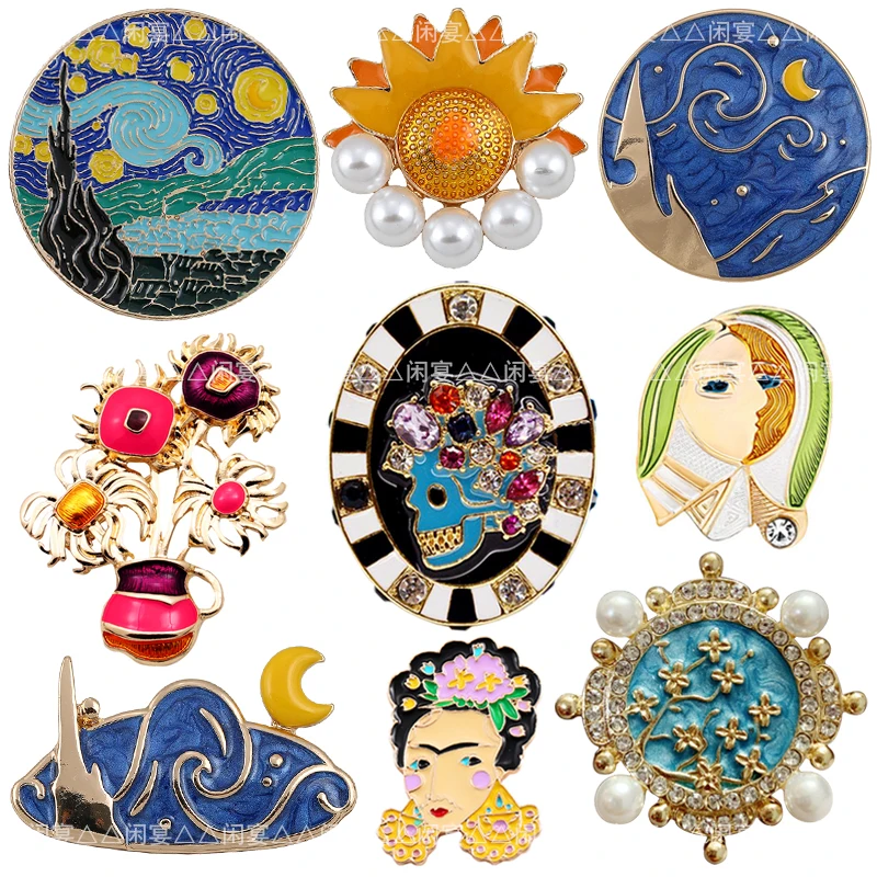 Arte retro europeo y americano, famosa pintura al óleo, marco de fotos, estrella alta, Luna, noche, girasol, insignia de belleza, broche, ropa