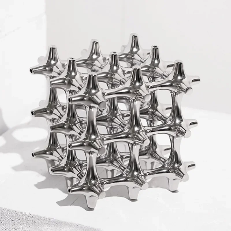 Geometric Square Sculpture Hollow Cube Resin Handicraft Silver Empty Layer Decorative Figurines Home Decoration Accessories