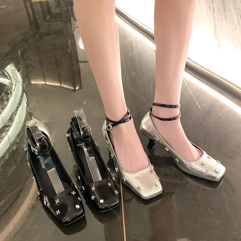 Women Genuine Leather Ankle Strap Pumps Silvery Chic Rivets Spike Heels Shoes Black Square Toe Elegant Lady Dress Shoes