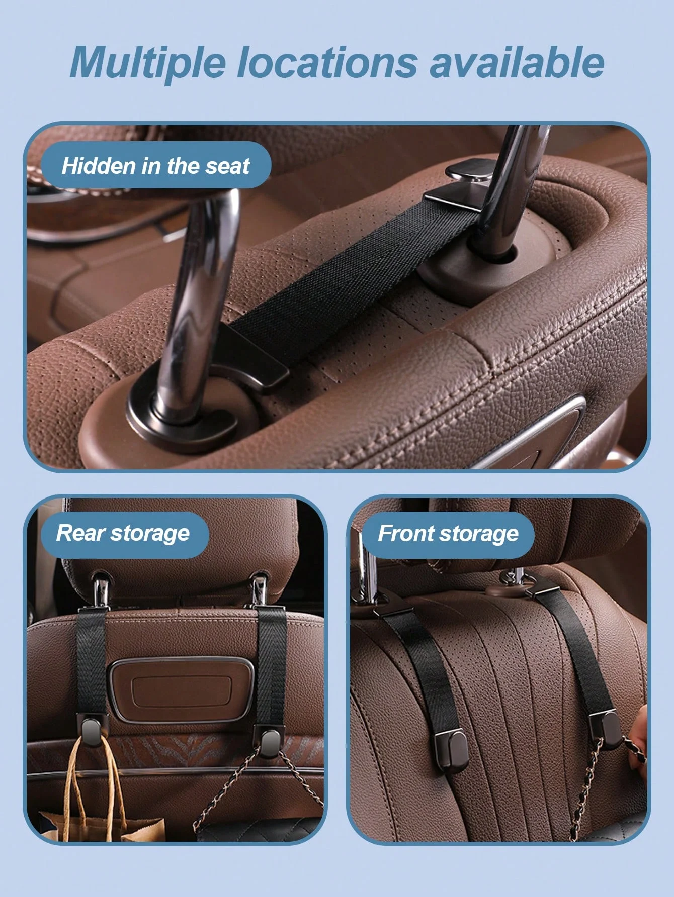 خطاف خلفي لمقعد السيارة مخفي، معدن وجلد قوي، منظم خلفي (حقائب ظهر/زجاجات/حقائب)، قابل للطي، مصنوع من خليط معدني مقاوم للخدش #5