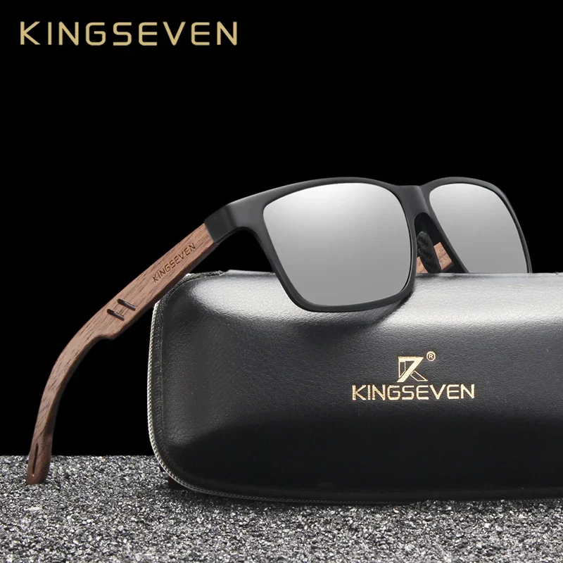 KINGSEVEN-نظارات شمسية خشبية مصنوعة يدويًا من الألومنيوم للرجال والنساء ، نظارات شمسية مستقطبة ، نظارات رياضية خارجية ، نظارات شمسية فاخرة