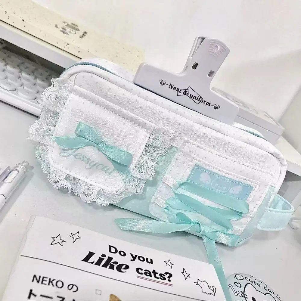 Portable Bow Lace Design Pencil Case Large Capacity Polka Dot Pen Bag Multi-Layer Handheld Pencil Pouch Students