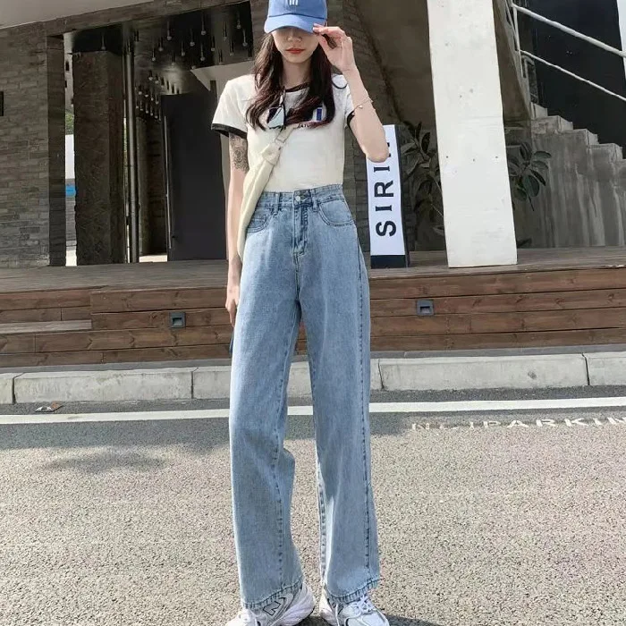 High Waist Straight Jeans Women's Autumn New Design Feeling Loose Thin Versatile Slim Stitched Wide Leg Pants Casual Trousers