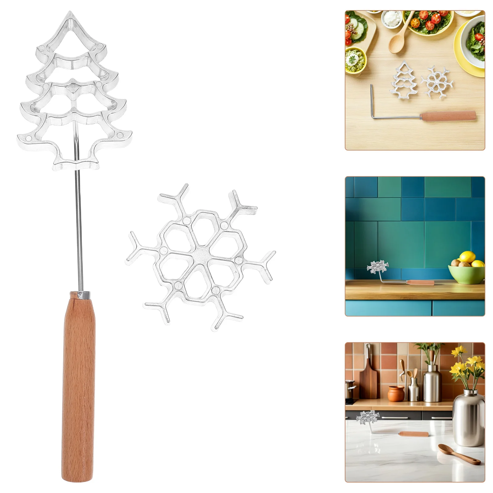 

3Pcs Aluminum Alloy Bunuelos Mold Christmas Tree Snowflake Shapes Rosette Cookie Maker Safe Wooden Grip Handle DIY Baking Tools
