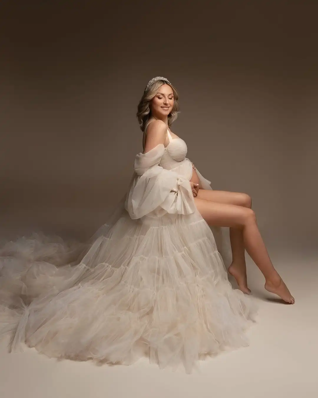 Sexy Maternity Tulle Robe Gown Sheer Off Shoulder Ruffled Front Split Bathrobe Customized Pregnancy Dresses For Photo