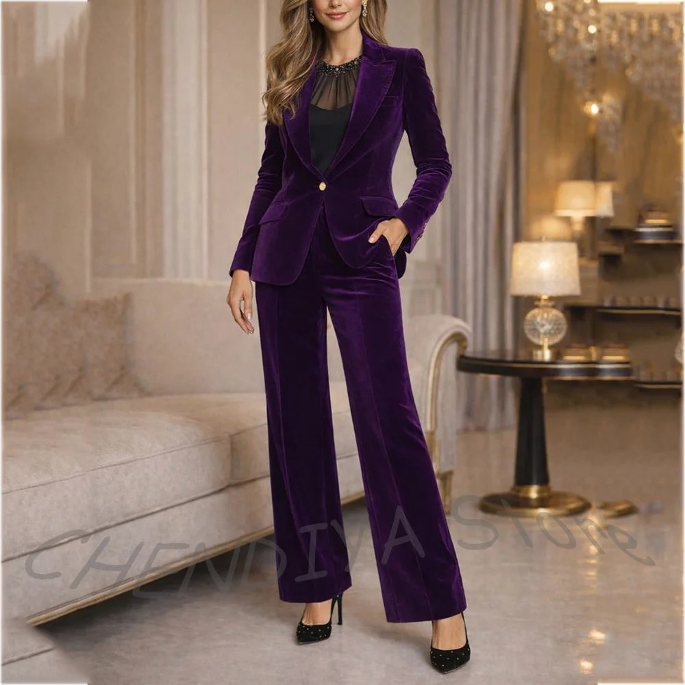 High Quality Velvet Peak Lapel Women Suit 2 Pieces Straight Fit Single Button Office Work High Quality Smart Casual Lady Set