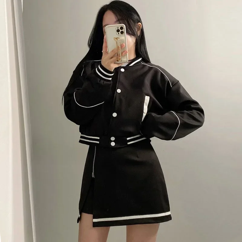 VIPOL Autumn Varsity Jacket + Skirts Sets Women 2023 New Outerwear Two Piece Sets Y2k Jackets and Skirt American Baseball Suit