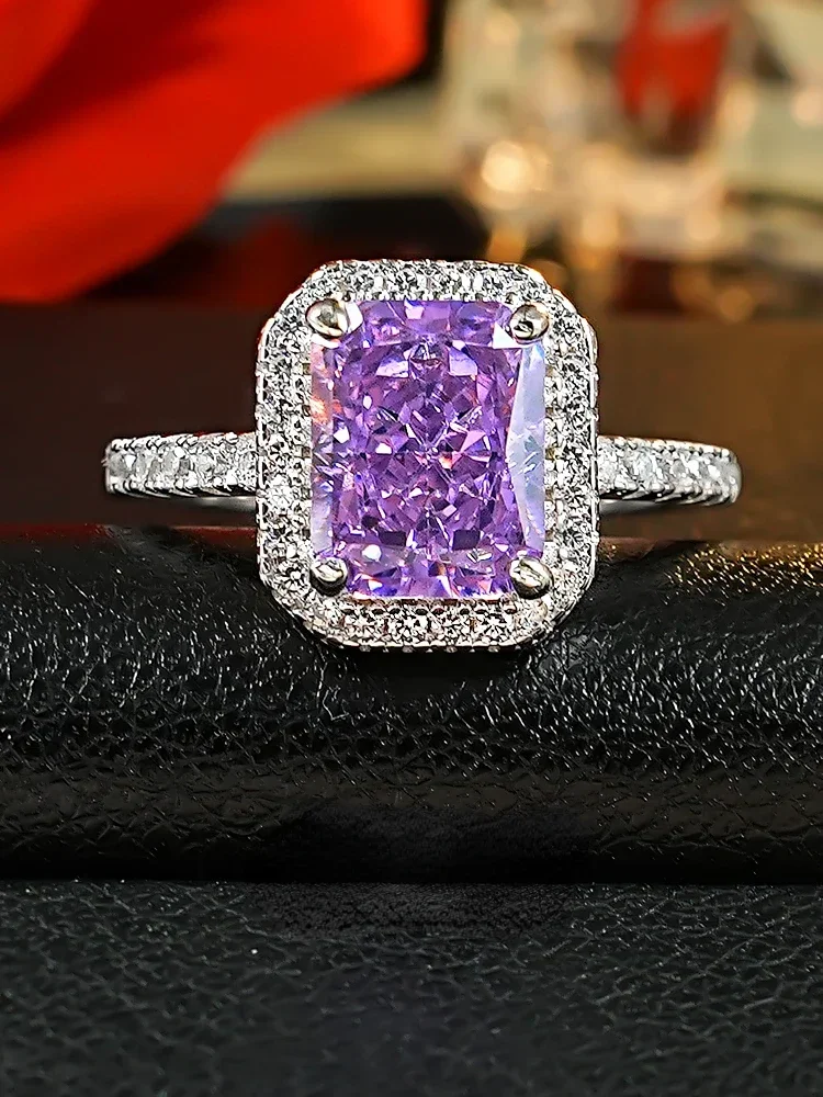 Purple Diamond Ring, Women's Light Luxury Classic Rectangular Redion Ice Cutting 925 Silver Inlaid High Carbon Diamond