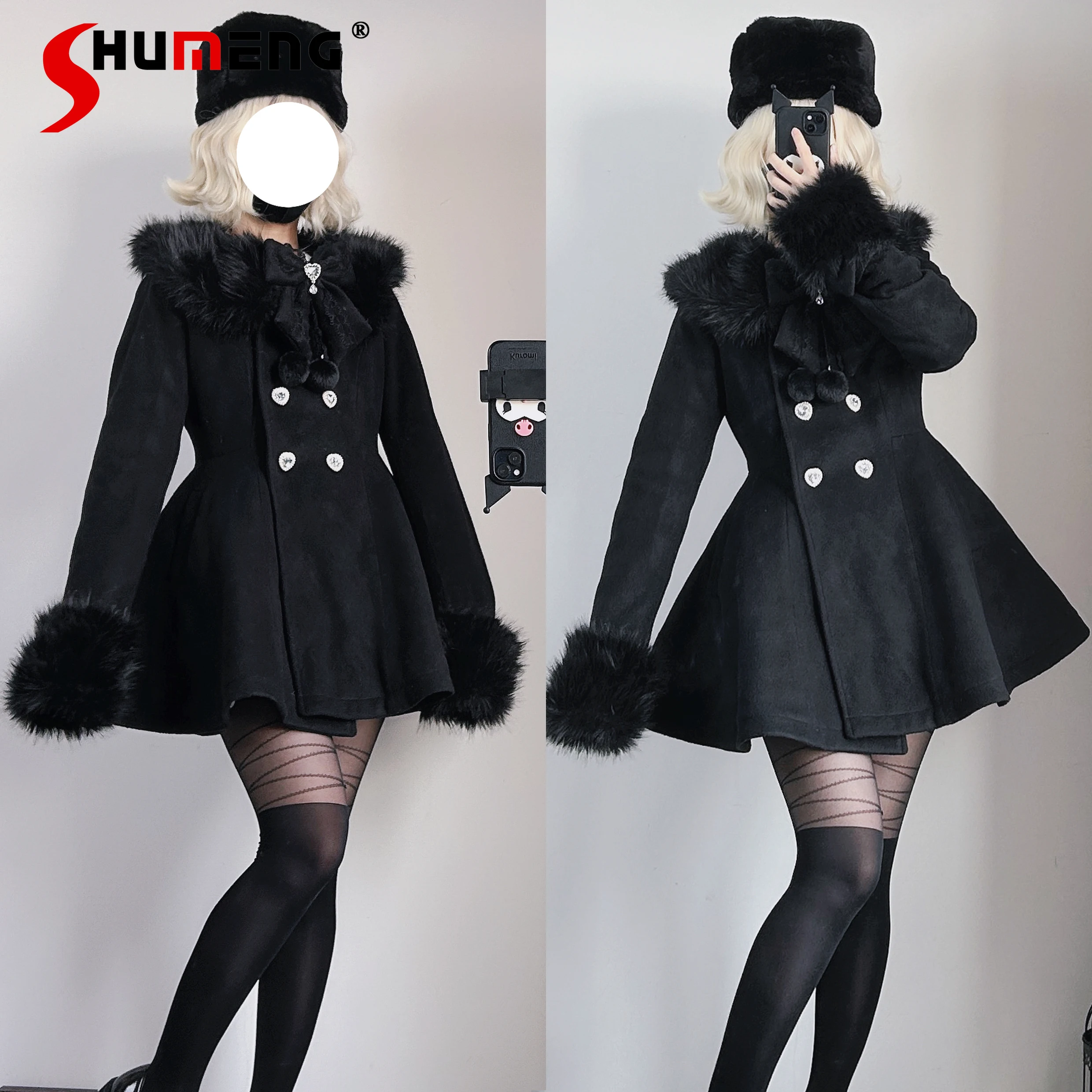 

Winter New Mine Mass-Produced Sweet Lolita Long Wool Jacket Overcoat Girls Woman's Slim Fit Elegant Faux Fur Collar Woolen Coat