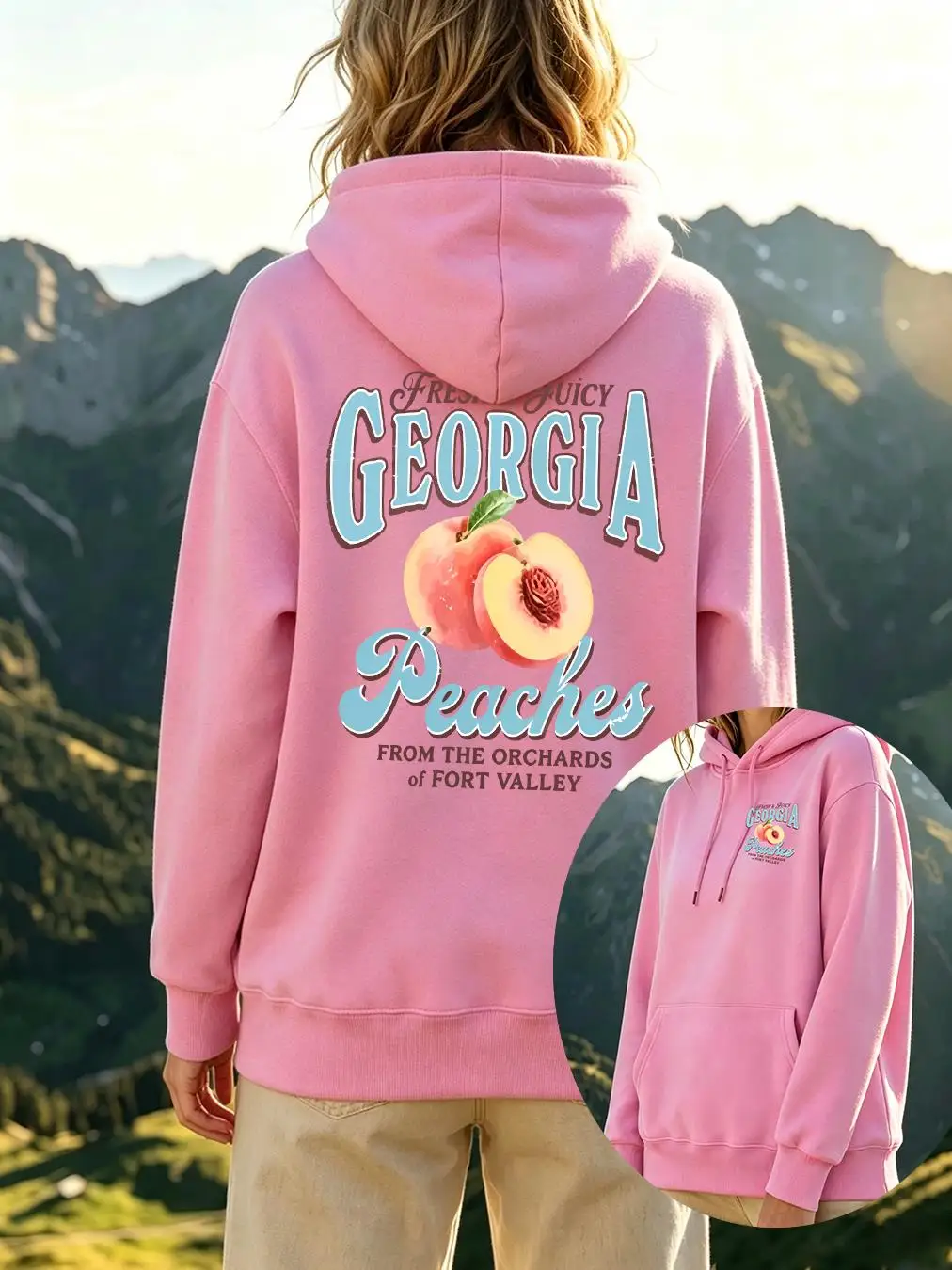 Georia Fresh Juicy Peaches Pattern Women Street Fleece Hoodie O-Neck Autumn Sportswear Soft Y2K Clothes Pocket Oversized Tops