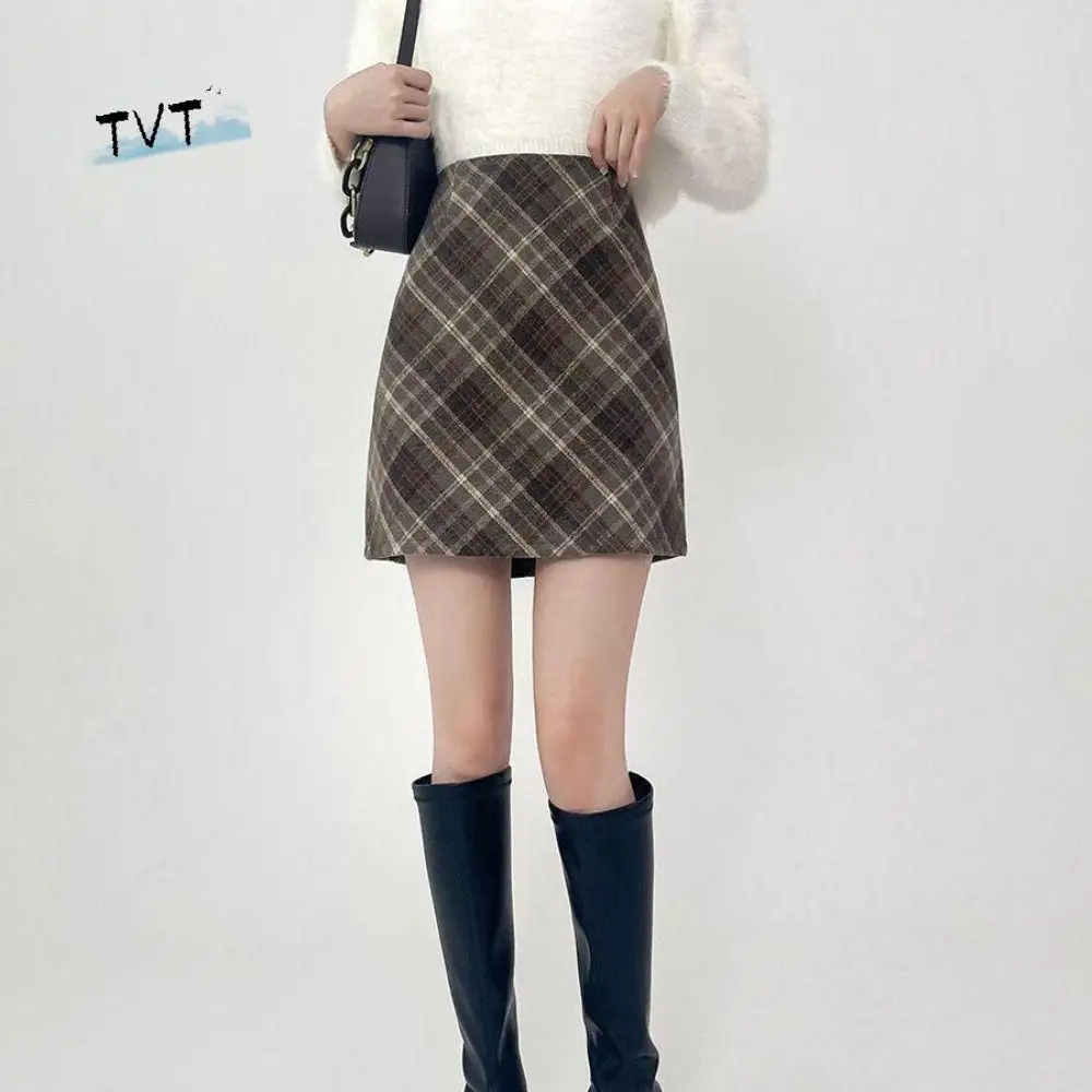 

High Waist Retro Plaid Skirt Winter Autumn Slim Fit High Waist Long Skirt Preppy Style Classical A-line Half Dress Party