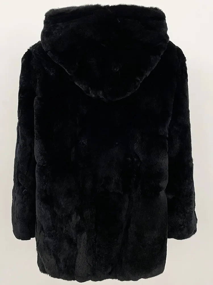 Women 2025 Winter Real Rabbit Fur Coat Natural Rabbit Fur Jacket Female Warm Hooded Solid Color Black Fur Jacket Women