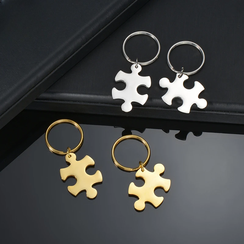 2Pcs/Set Gold Personalized Puzzle Letter Necklace Stainless Steel Lovers Couple Key Chain Key Holder Love Best Friends Jewelry