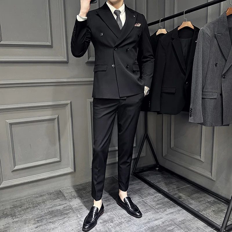 (Jacket+Vest+Pants)Men Spring High Quality Double-breasted Suits/Male Slim Fit Groom\'s Wedding Dress Fashion Three-piece Set