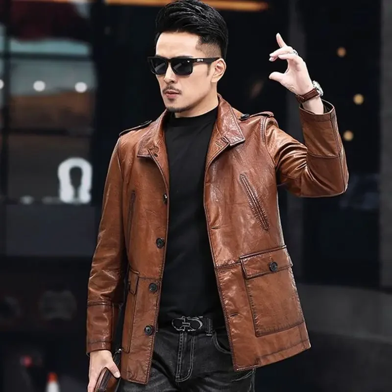 AYUNSUE Real Leather Jacket Men Clothing Oil-wax Sheepskin Motorcycle Men's Jackets Autumn Trenchcoat Jaqueta De Couro Masculino