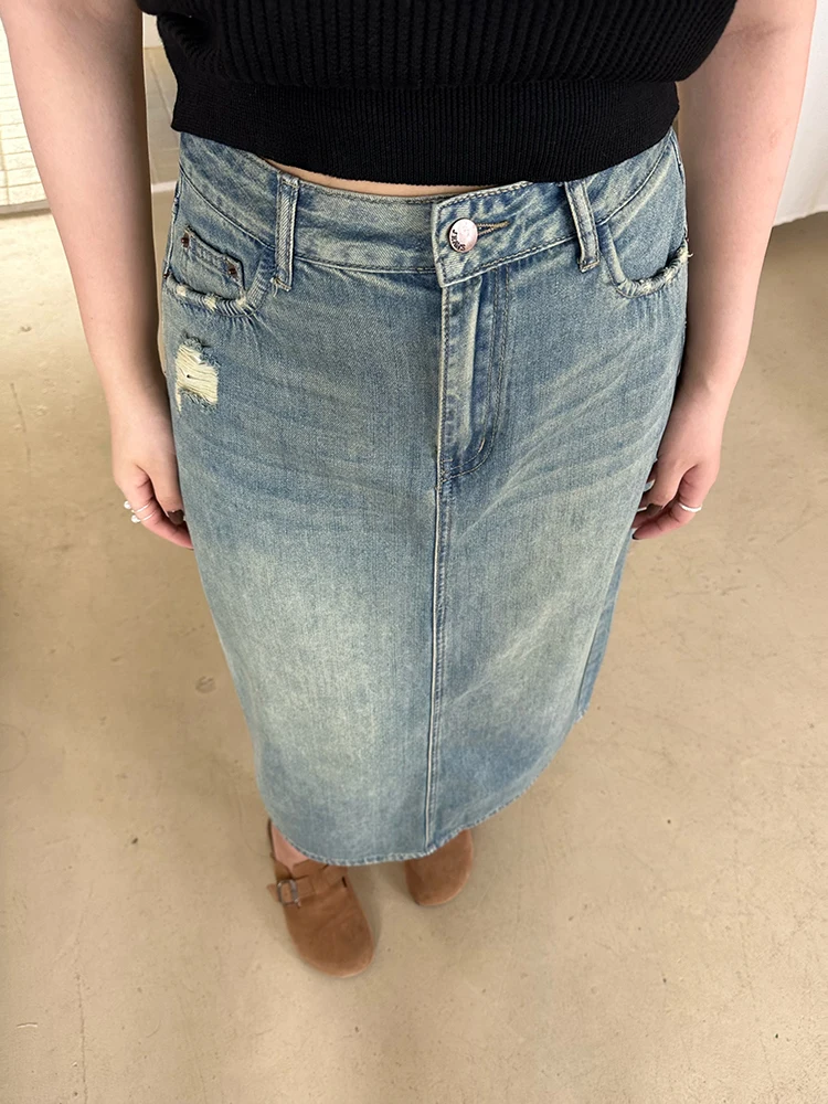 

NINI ONE Повседневная прямая джинсовая юбка для полных женщин Универсальная корейская юбка со средней талией Свободная осенняя юбка