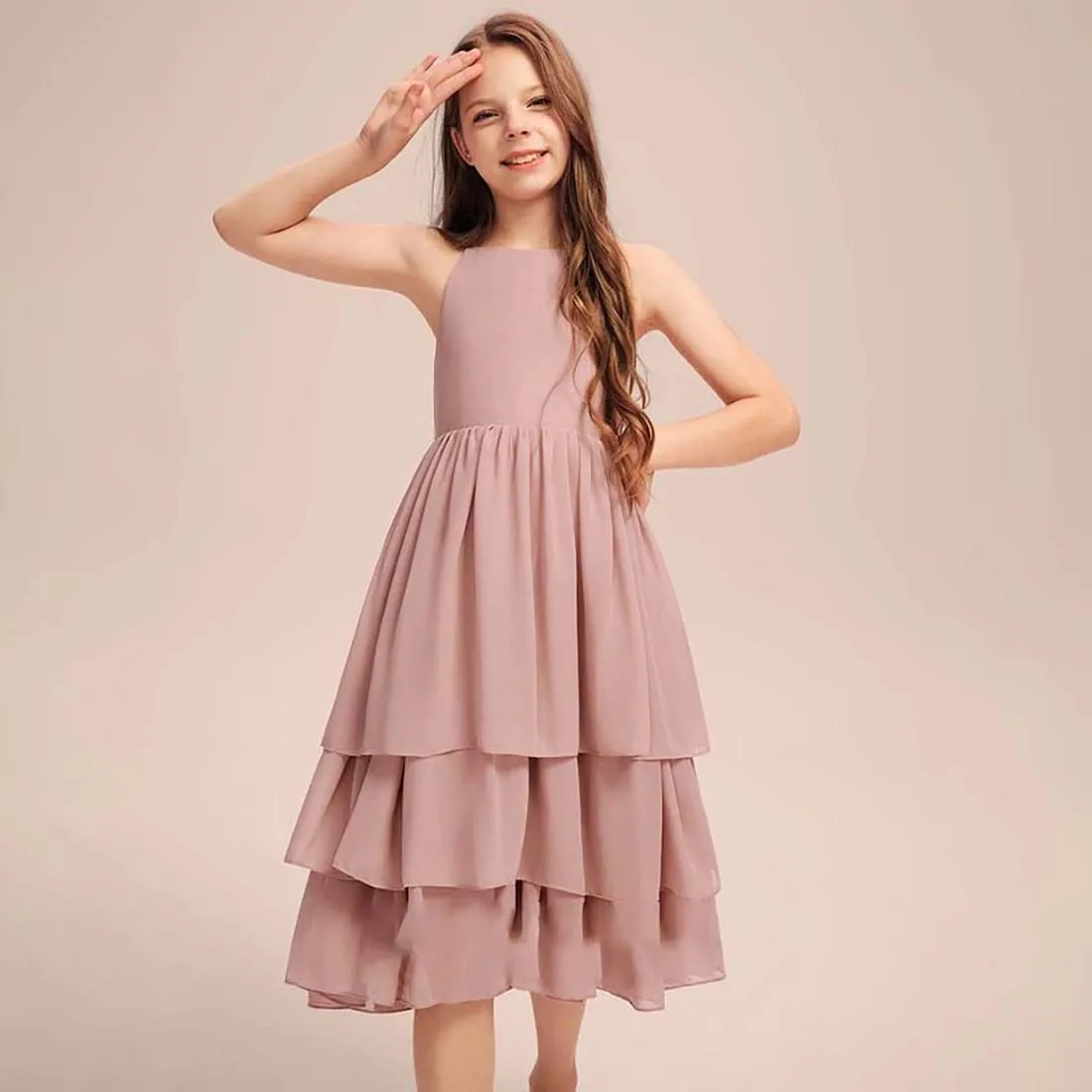 

Chiffon Junior Bridesmaid Dress With Cascading Ruffles Prom Party Dress A-line Scoop Knee-Length 2-15T Flower Girl Dress