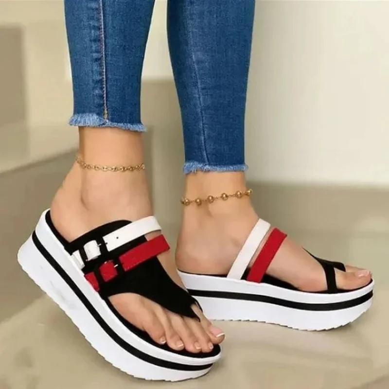 2023 Summer Wedge Platform Women's Slippers Fashion Double Buckle Shoes Concise Clip Toe Slides Outdoor Sponge Bottom Lady Shoes