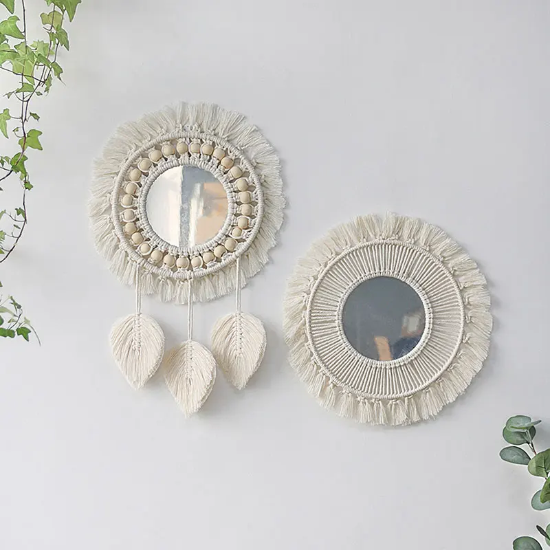 Boho Macrame Fringe Round Decorative Mirror Decorative Mirror With Wood Beads Feather Pendant Decorative Circle Mirror Bohemian