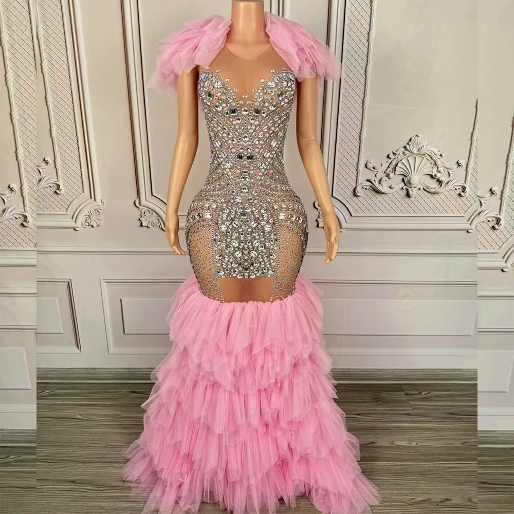 Sparkly Rhinestone Elegant Pink Rose Red Floor Length Dress Women Singer Wedding Birthday Evening Stage Wear Drag Queen Dress