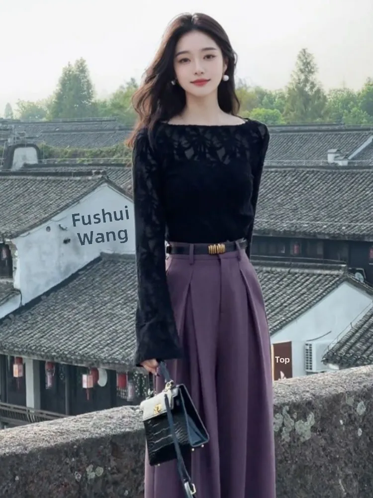 

Fall New Sle Pure Desire Purple Bamboo Le Embroidery Wide Leg Pants Set Irregular Top Bot Matching Women's Faion Set