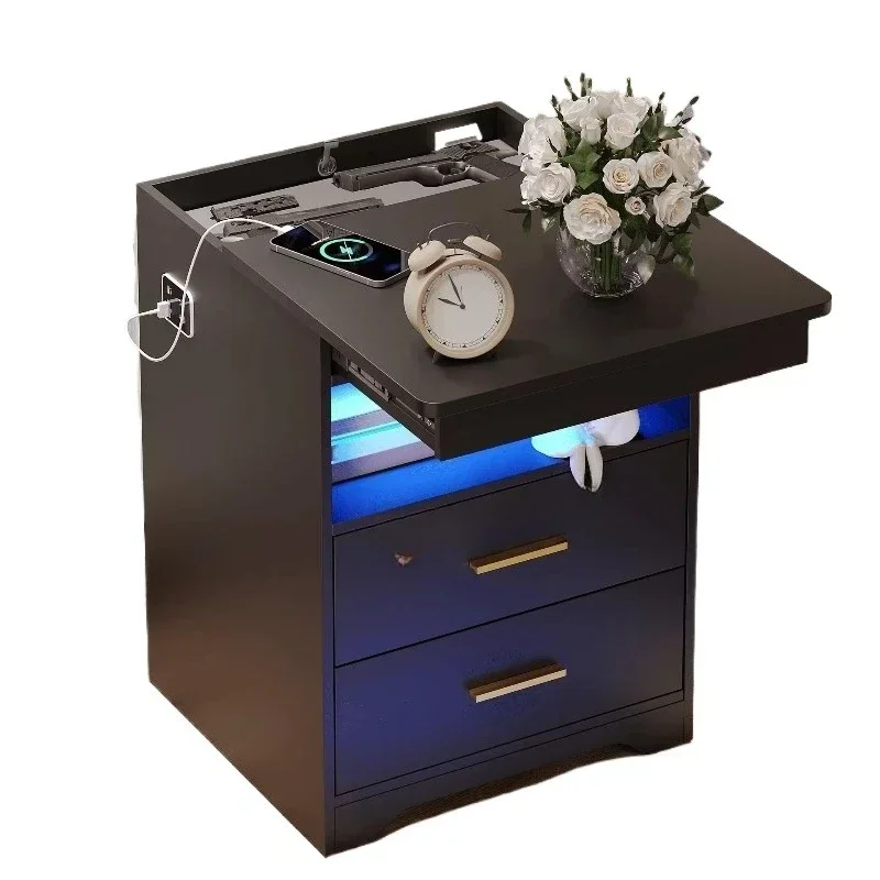 Living room smart bedside table with drawers, hidden compartment lock, wireless charging sensor design and Light Emitting Diode