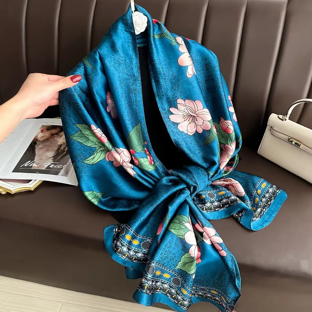 

Four Seasons Luxury Silk Scarves Fashion 180X90CM Print Beach Towel Popular Style Satin Long Shawls Europe And America Bandannas