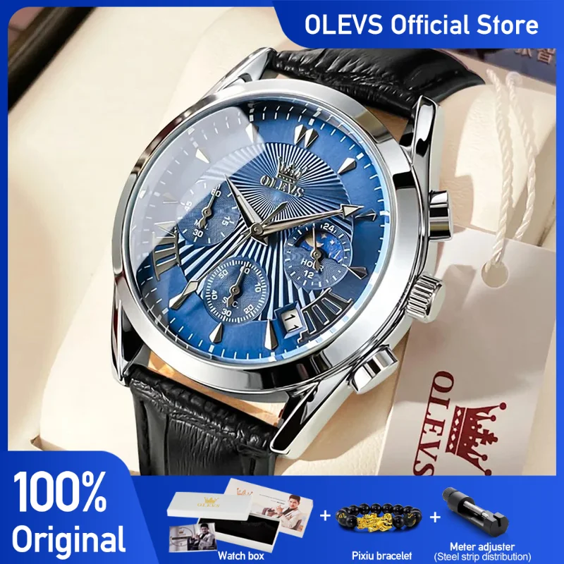 OLEVS Original Men\'s Watches Sport Chronograph Quartz Male Watch Waterproof Leather Strap Luminous Wristwatch 24 hour dial