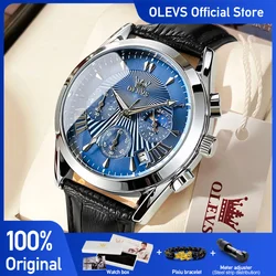 OLEVS Original Men's Watches Sport Chronograph Quartz Male Watch Waterproof Leather Strap Luminous Wristwatch 24 hour dial