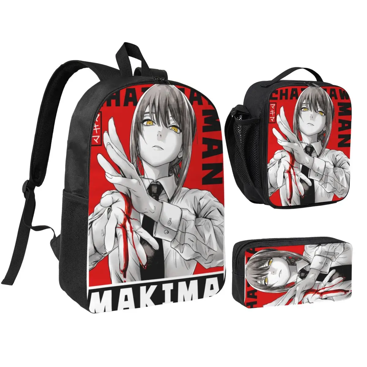 

Makima Chainsaw Man 3pecs/set Рюкзак для студентов колледжа Сумка на плечо Сумка для обеда Пенал