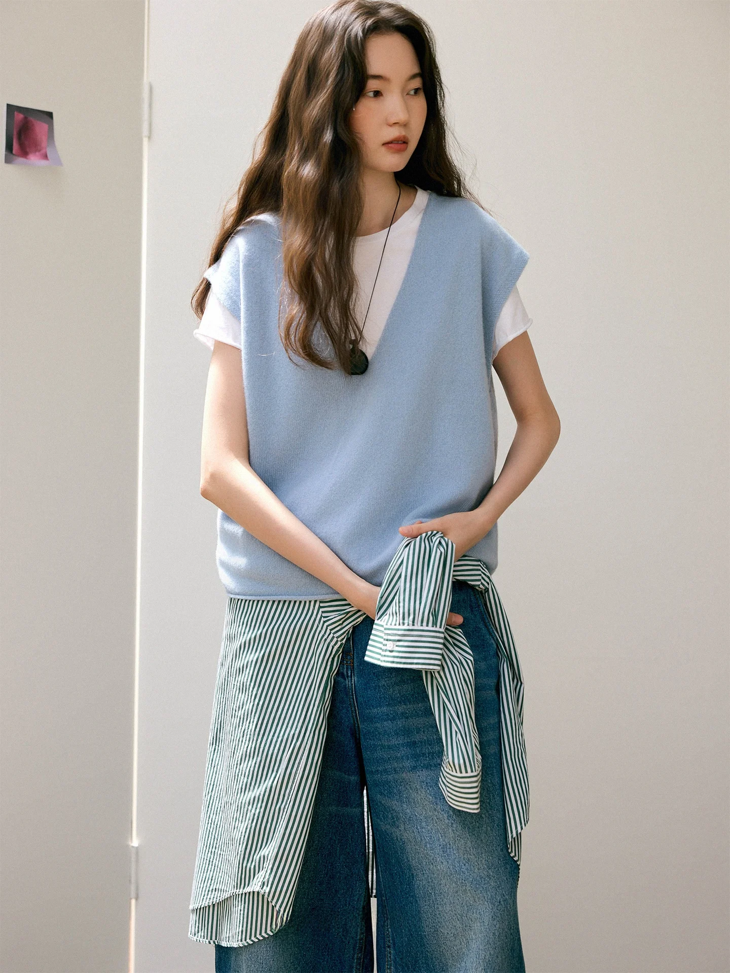 

Мягкий шерстяной вязаный жилет свободного кроя с V-образным вырезом для женщин, удобный, дышащий, осенний модный топ