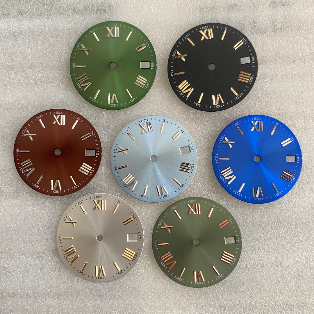 Esfera de reloj con números romanos negros NH35 de 28,5 MM para movimiento NH35/NH36/4R Sunburst Sunray Fecha Windows Man pieza de caja de reloj