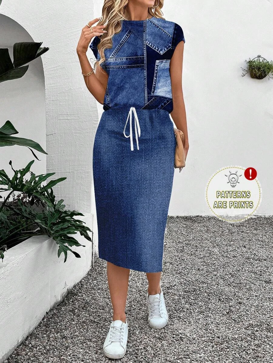 Women's Spring/Summer Fashion Two-Piece Set - Solid Color Faux Denim Elegant Round Neck Vest + Faux Denim Printed Skirt Two-Piece Set