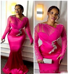 Hot Pink Mermaid Prom Party Dresses Beaded Sheer Long Sleeves Aso Ebi African Evening Gowns Fuchsia Plus Size Women Formal Wear