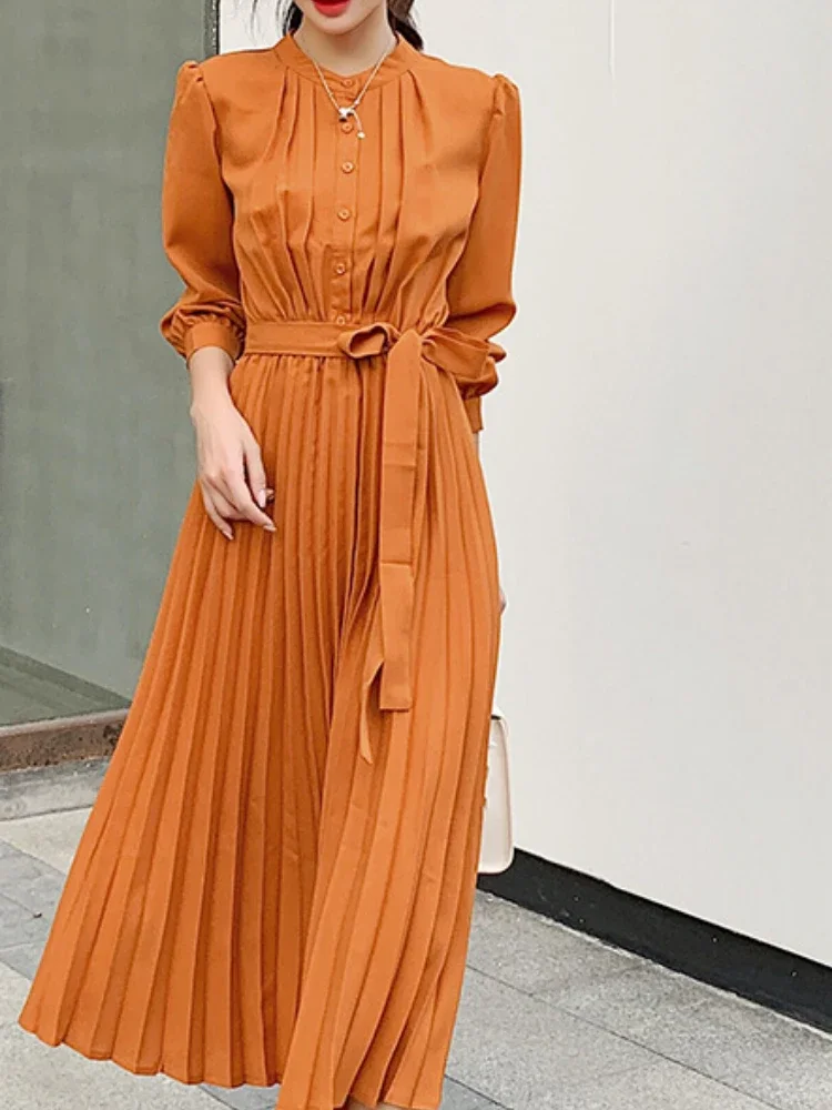 เดรสยาวใหม่สำหรับฤดูร้อน แขนยาว ทรงเข้ารูป ช่วยกระชับเอว ผูกเชือก คอเสื้อเชิ้ต ดีไซน์หรูหรา กระโปรงจีบสไตล์วินเทจ