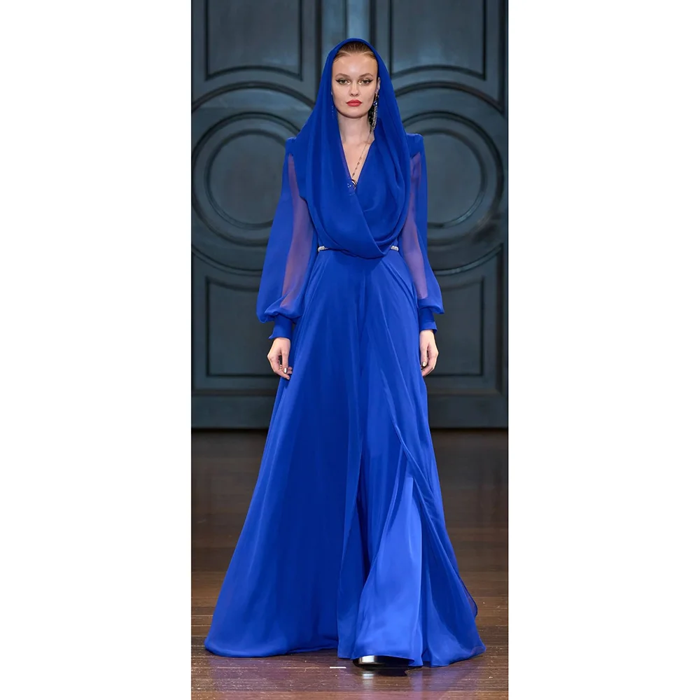

Royal Blue Chiffon Long Dresses For Formal Banquet Elegant Full Sleeves Prom Gowns Women A-Line Dresses Customized
