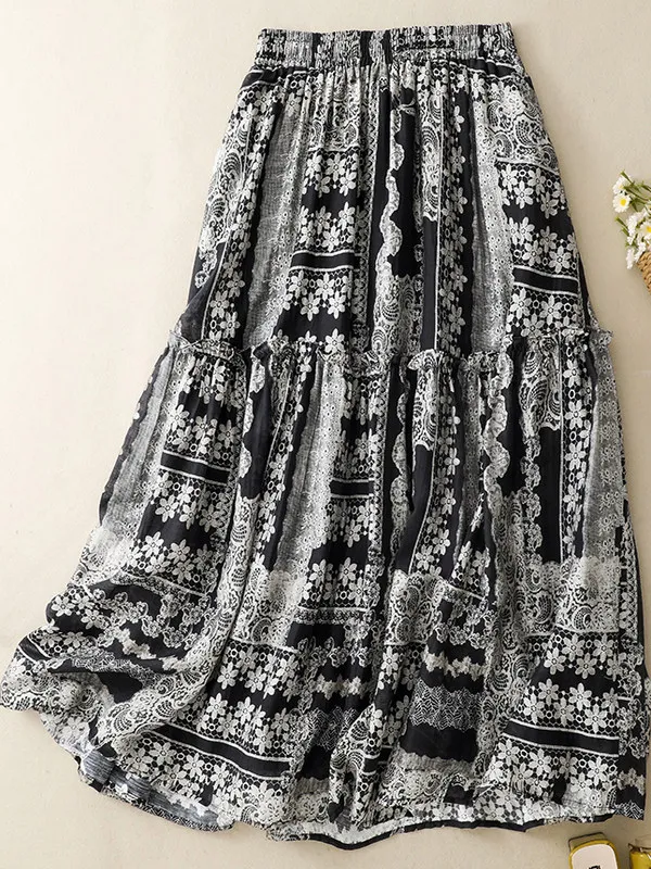 

Artistic Print Midi Skirt High Waist Elastic Waist Plant Floral Half-length Summer Casual Commute Loose Fit A-line Skirt