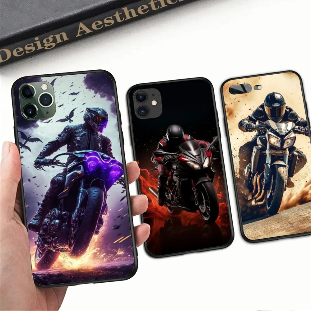 Motorcycle Rider Mobile Cell Phone Case for iPhone 15 14 13 12 11 XS X 8 7 6 Plus Mini Pro Max SE 2022 Black Phone Cover Funda