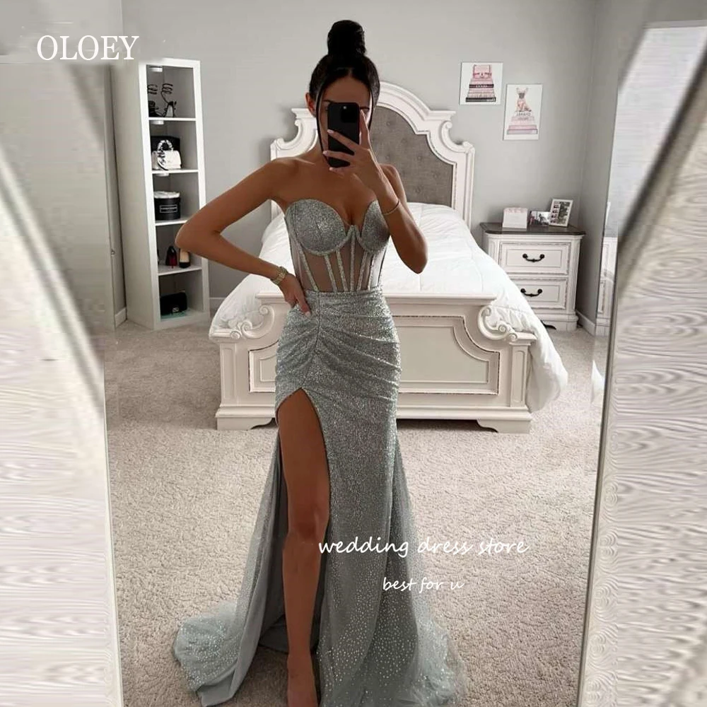 

OLOEY 2023 Shiny Grey Tulle Sexy Prom Dresses Sweetheart Split Pleats See Through Boning Evening Dress Formal Party Dress