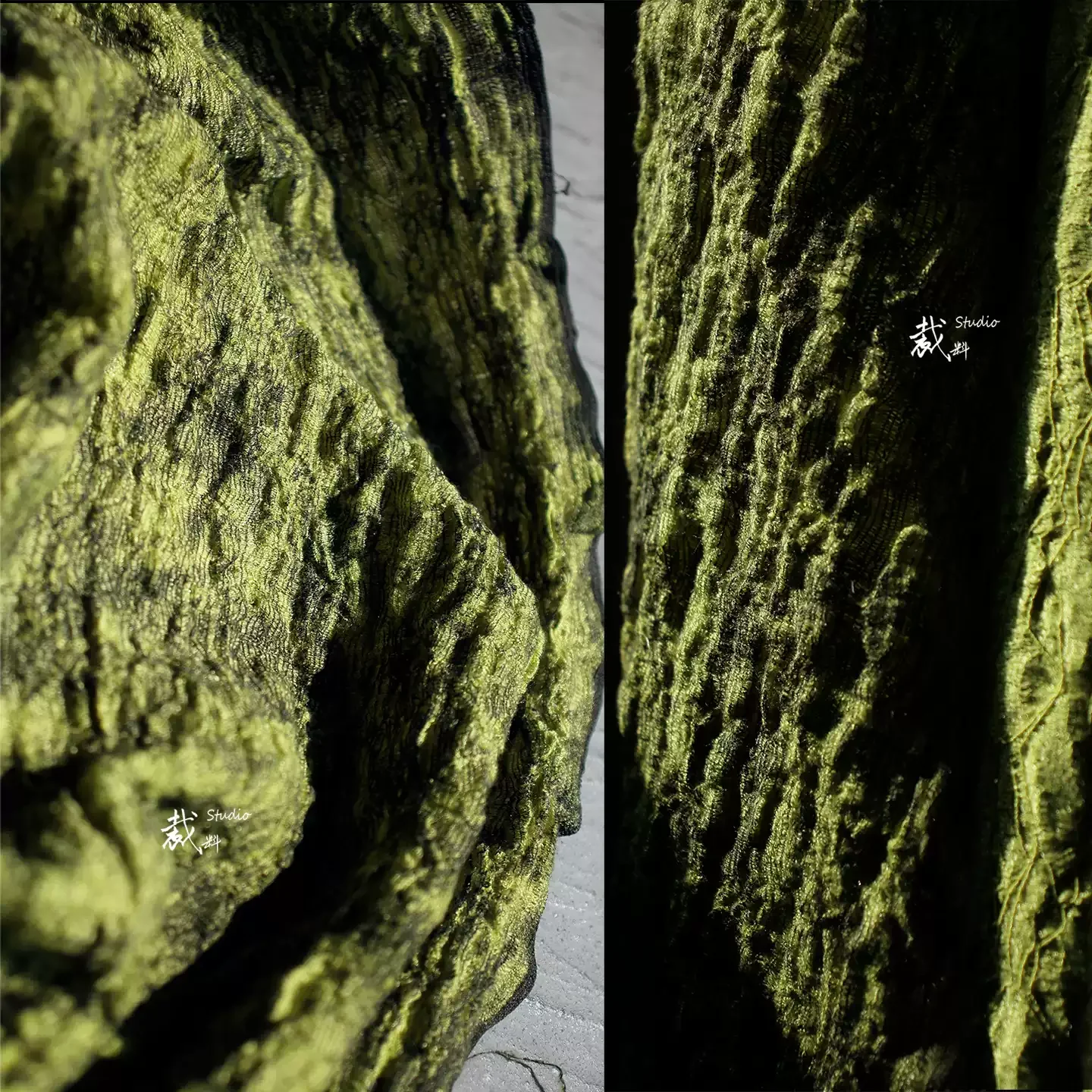 

1yard Moss Texture Stretch Fabric, 3D Pleated Drapeable Material, Green Vintage Distressed Fabric for Fashion Design