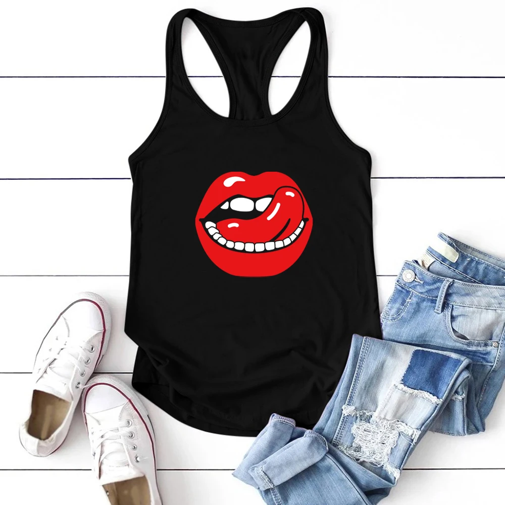 Seeyoushy Red Lips Printed Tank Top Sleeveless Women Summer Tops Women Sexy Vest Femme Graphic Unisex Camiseta Tirantes Mujer