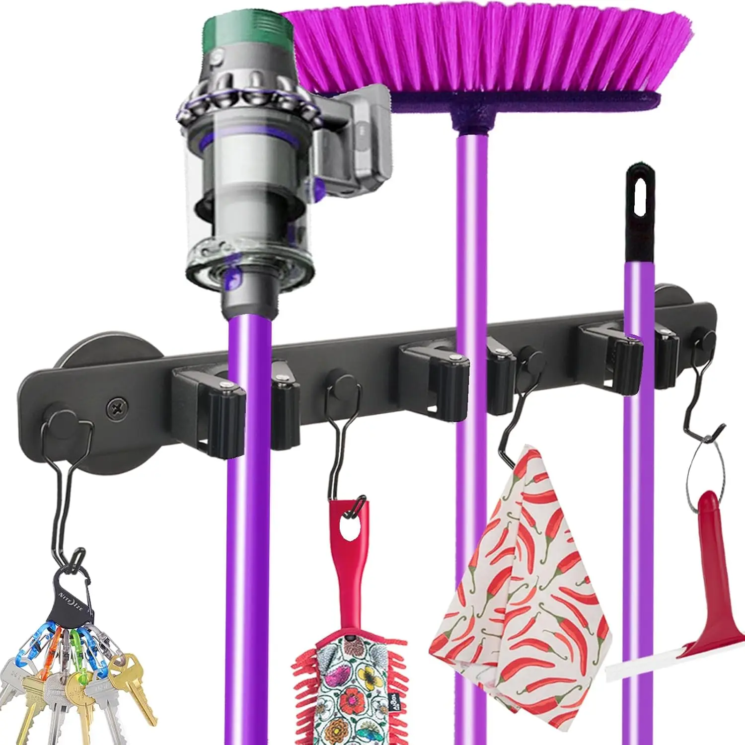 

Magnetic Mop Holder with Swivel Hooks - Strong Magnet Tool Hanger for Kitchen, Garage, Laundry