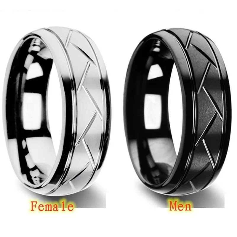 Fashion Men’s Silver Color Black Stainless Steel Ring Groove Multi-Faceted Ring For Men Women Engagement Ring Anniversary Gifts