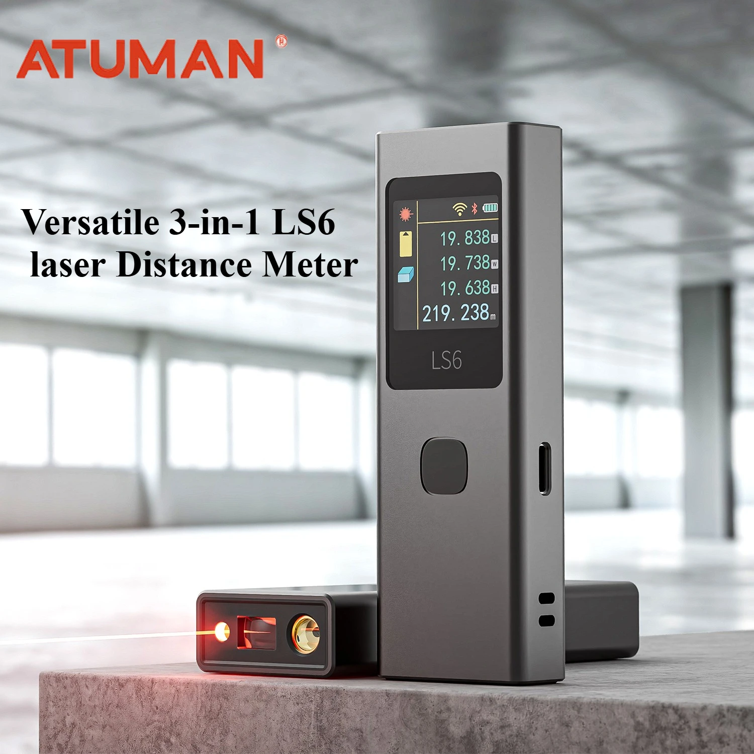 ATuMan 3 in 1 Laser Distance Meter with 19 Measurement Modes and Automatic Calculation Color Display Usb Charging Rechargeable