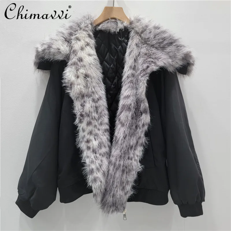 

American Fashion Retro Leopard Plush Navy Collar Lace-up Loose Casual Versatile Cotton Parkas Coats Women Winter Short Jackets