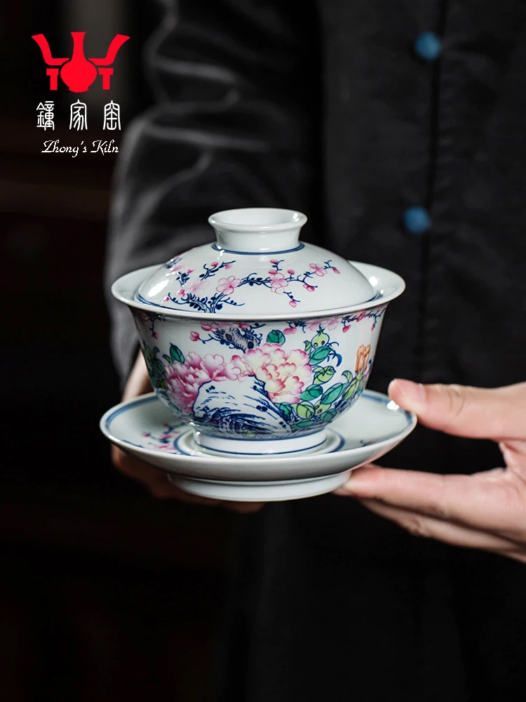 

Zhongjia Kiln Ceramic Cover Bowl Cup Jingdezhen Chaiyao Blue And White Doucai Hand-painted Peony Flower Single High End Tea