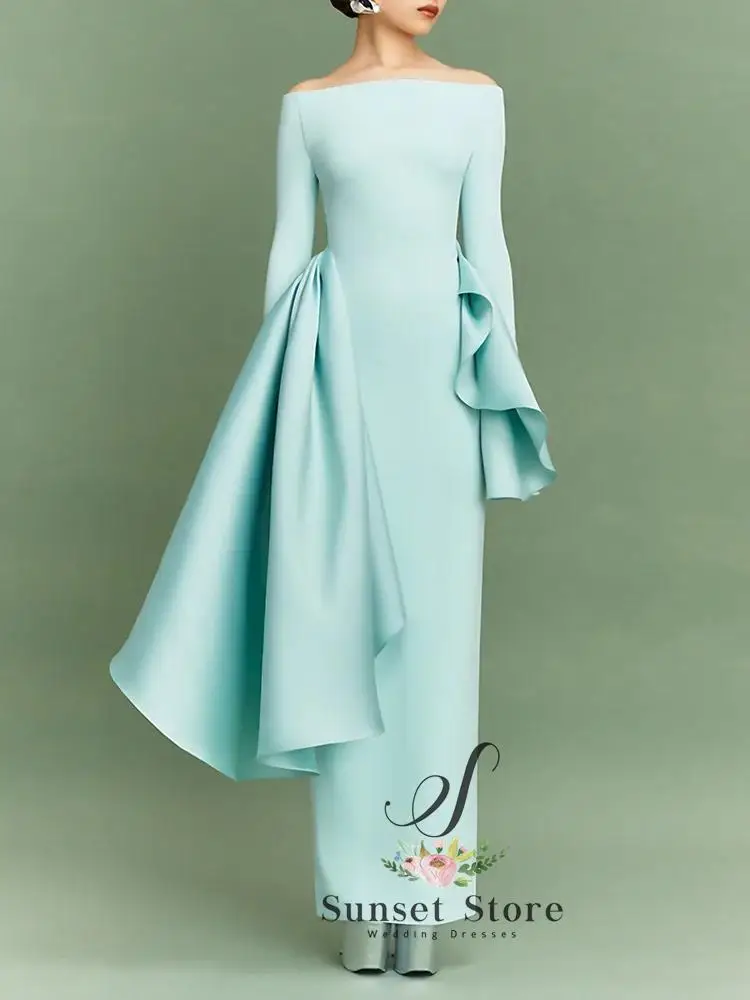Customized Elegant Light Blue Off Shoulder Long Sleeve Maxi Dress Floor Length For Evening Party Modern Chic Style