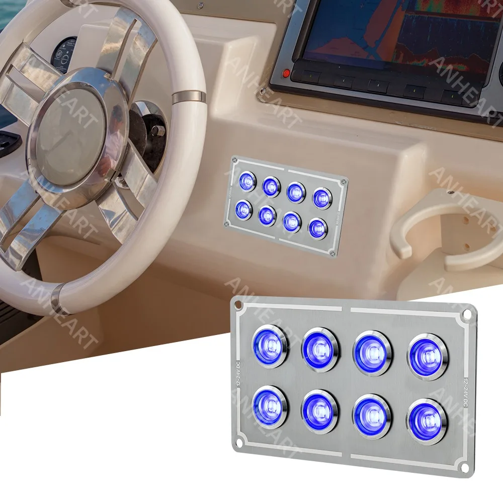 8 Gangs Blue Light กันน้ํา Marine เรือออโต้คาร์แผงสวิตช์ปุ่มสแตนเลส